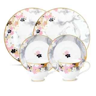 【NORITAKE】月影浮花金邊骨瓷-午茶圓盤咖啡對杯6件組(禮盒組 新品上市)