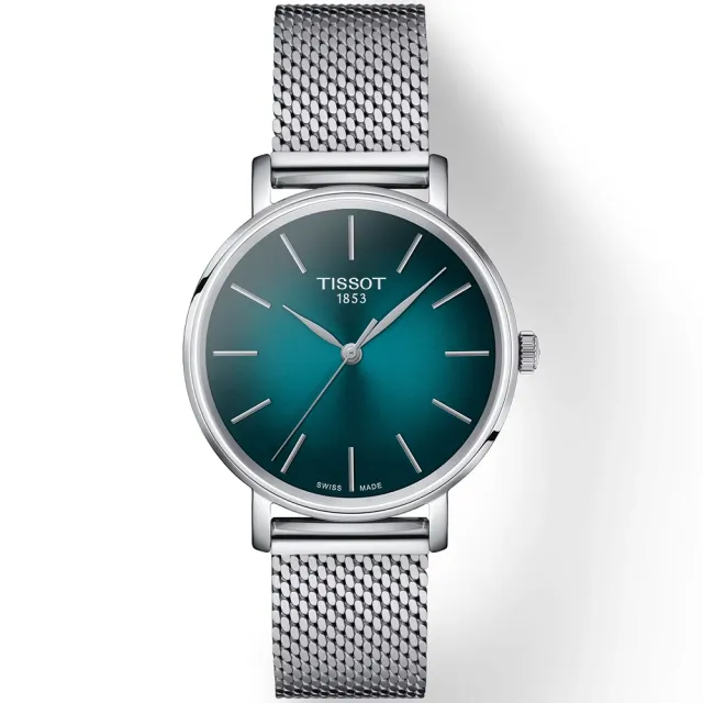 【TISSOT 天梭】Everytime 經典雋永米蘭手錶-銀x藍綠/34mm 錶 生日禮 送禮(T1432101109100)
