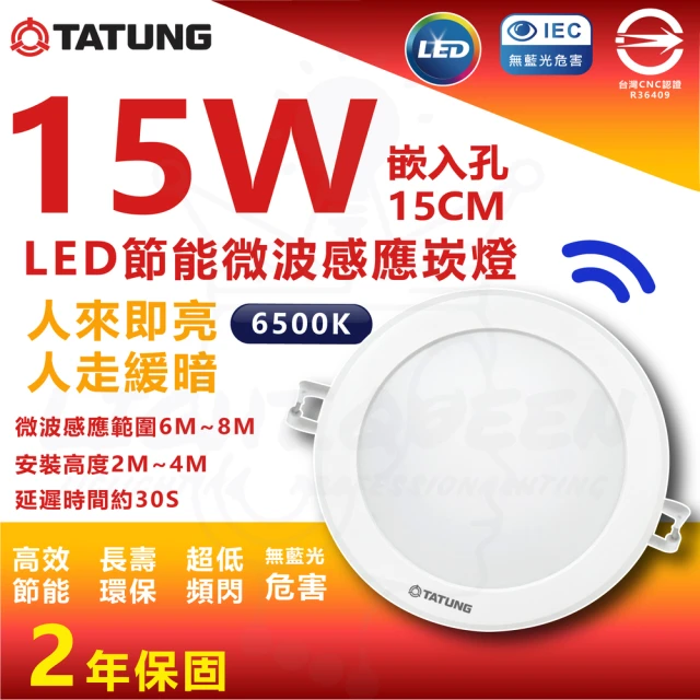 TATUNG 大同 5入組 15W 15cm LED節能感應崁燈 微波感應(白光 6500K 即亮緩暗)