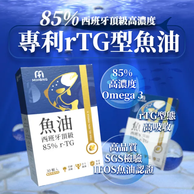 【MIHONG米鴻生醫】西班牙85％ r-TG頂級魚油-添加Omega3.維生素E x1盒(30顆/盒)