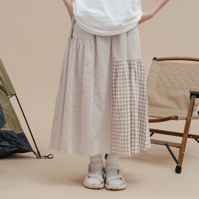 Queenshop 女裝 親子系列 不對稱大小格紋拼接鬆緊設計長裙 兩色售 現+預 03021271