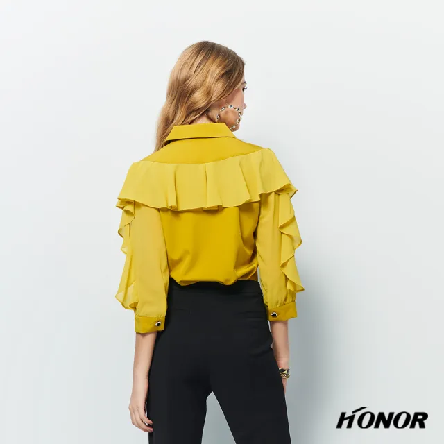 【HONOR 山形屋】出清品 拼接雪紡波浪袖上衣-黃/黑(限定出清)