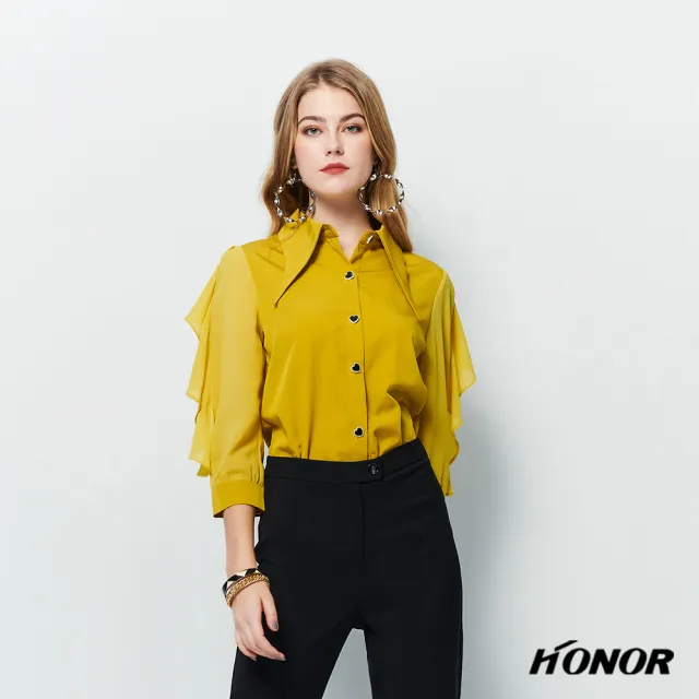 【HONOR 山形屋】出清品 拼接雪紡波浪袖上衣-黃/黑(限定出清)