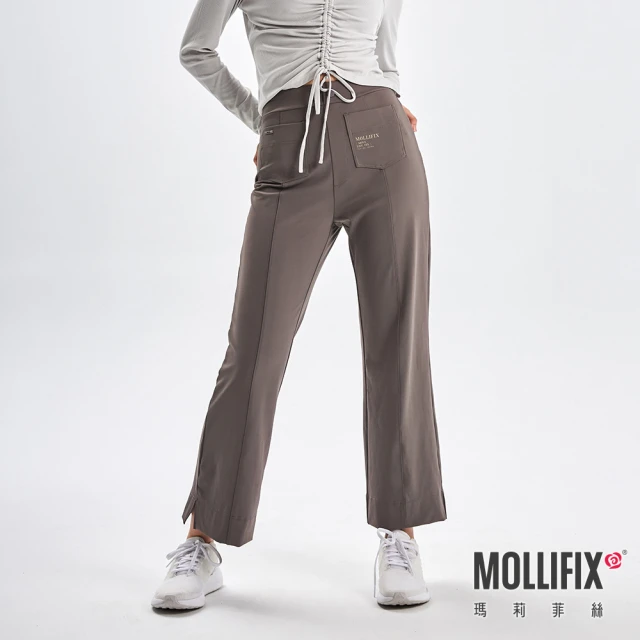 【Mollifix 瑪莉菲絲】側開衩立體摺線百搭靴型褲、瑜珈服、Legging(摩卡咖)