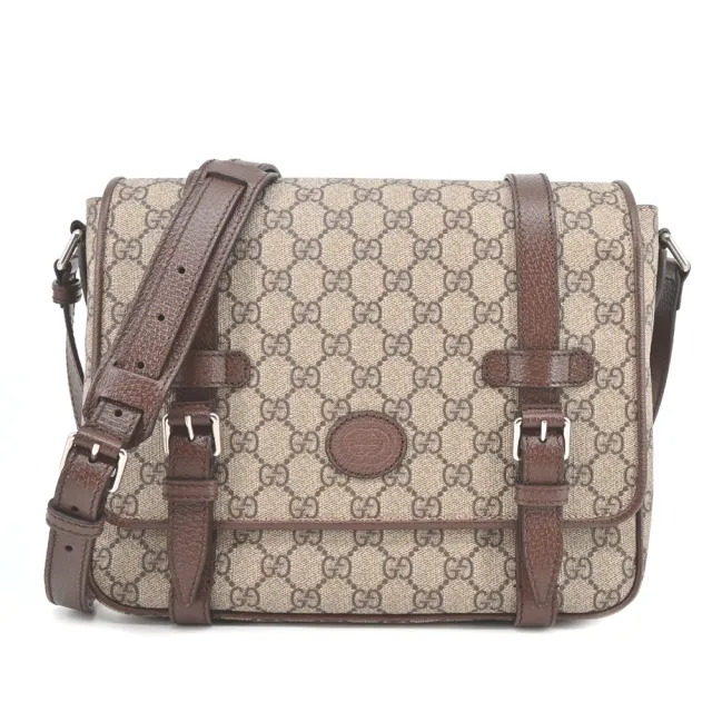 【GUCCI 古馳】經典GG Supreme印花帆布中性款郵差包 肩背/斜背包(卡其)