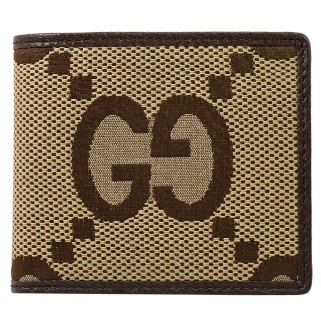 【GUCCI 古馳】經典大雙G LOGO緹花牛皮拼接對折8卡短夾(駝)