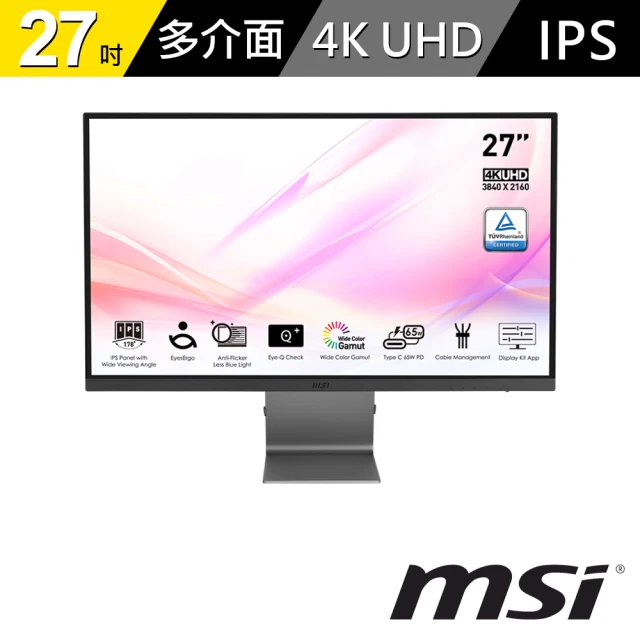 MSI 微星MSI 微星 Modern MD271UL 27型 IPS 4K 60Hz 美型螢幕(4ms/樞紐旋轉/Type-C(65W充電))