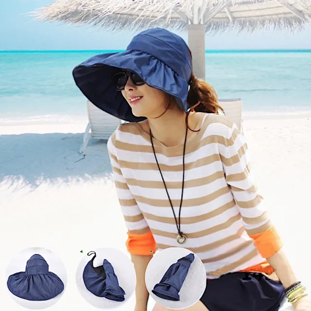 【89 zone】韓版時尚率性質感 大簷帽 沙灘帽 太陽帽 遮陽帽 空頂帽(黑/寶藍)