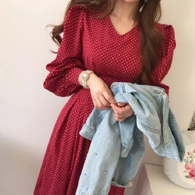 【baibeauty 白鳥麗子】復古點點收腰V領公主袖長洋裝(連身裙)
