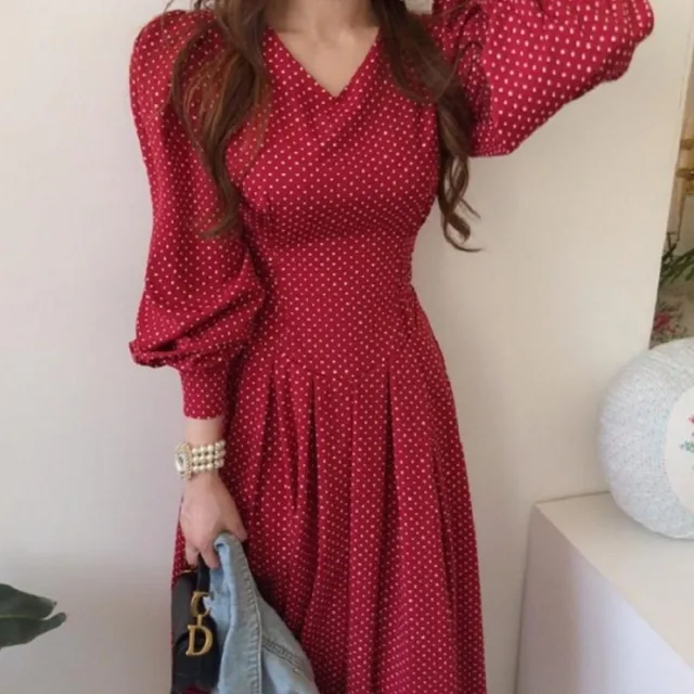 【baibeauty 白鳥麗子】復古點點收腰V領公主袖長洋裝(連身裙)
