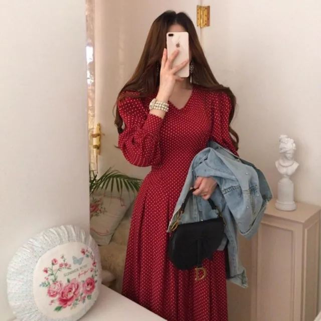 【baibeauty 白鳥麗子】復古點點收腰V領公主袖長洋裝(連身裙)