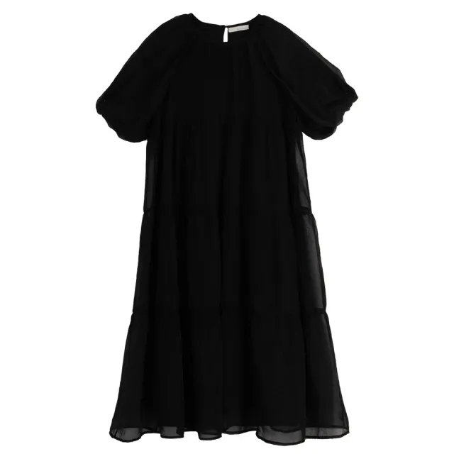 【Queenshop】女裝 短袖 雙層透膚剪接設計澎袖長洋裝 三色售 現+預 01086445