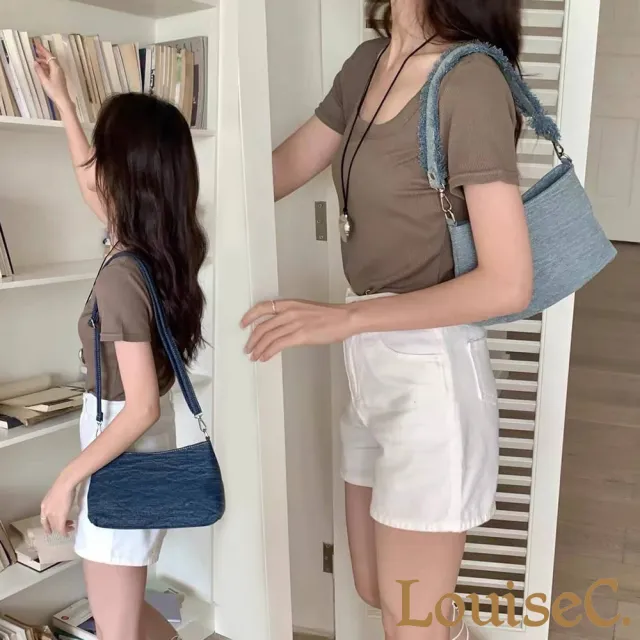 【LouiseC.】雙11 Tree House 牛仔布復古抽鬚背帶肩背斜背法棍腋下包-2色(YS1856-09)