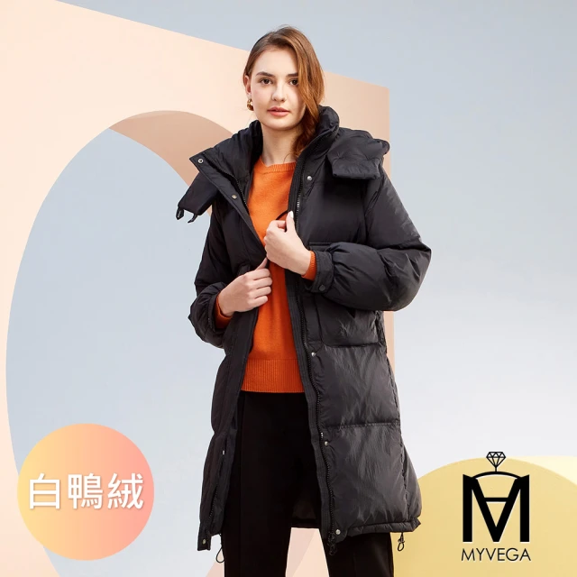 【MYVEGA 麥雪爾】MA超大口袋保暖寬鬆長版連帽羽絨外套-黑(冬季大衣/羽絨外套)