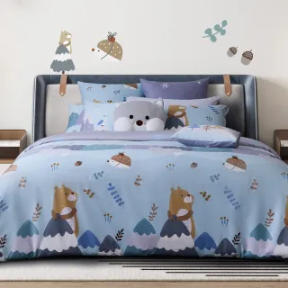 【La mode】環保印染100%精梳棉兩用被床包組-夢遊雪之森+雪狐圓寶兩用抱枕毯(單人)