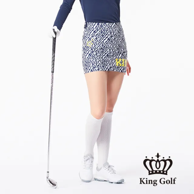 【KING GOLF】滿版幾何文字印花運動短裙(藍色)