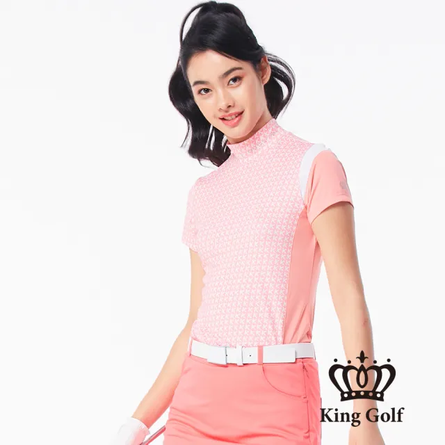 【KING GOLF】滿版印花拼接袖口立領短袖上衣(粉色)