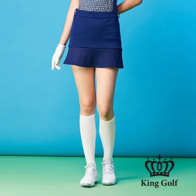 【KING GOLF】千鳥格壓紋拼接魚尾運動短裙(深藍)