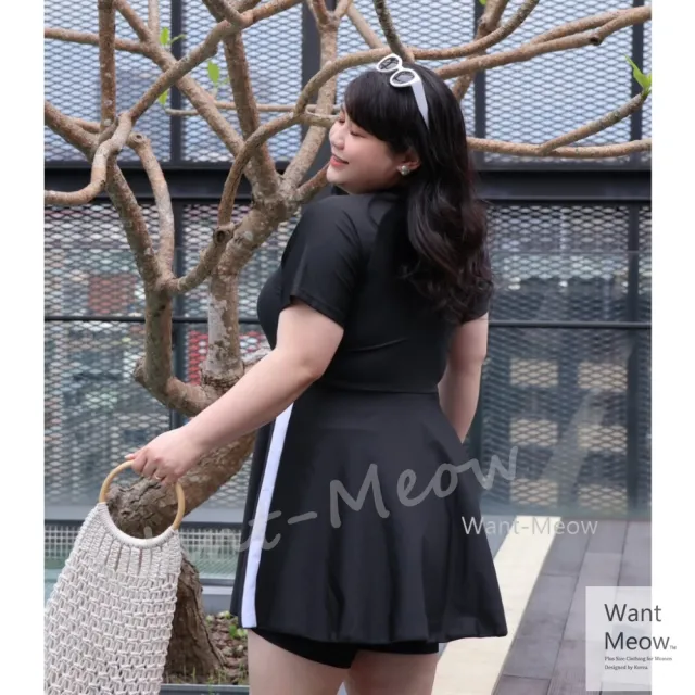 【Want-Meow】100公斤可穿/連身顯瘦有領前拉鍊短裙泳衣/可游泳(中大尺碼泳衣/大碼泳衣/保守泳衣/連身泳衣)