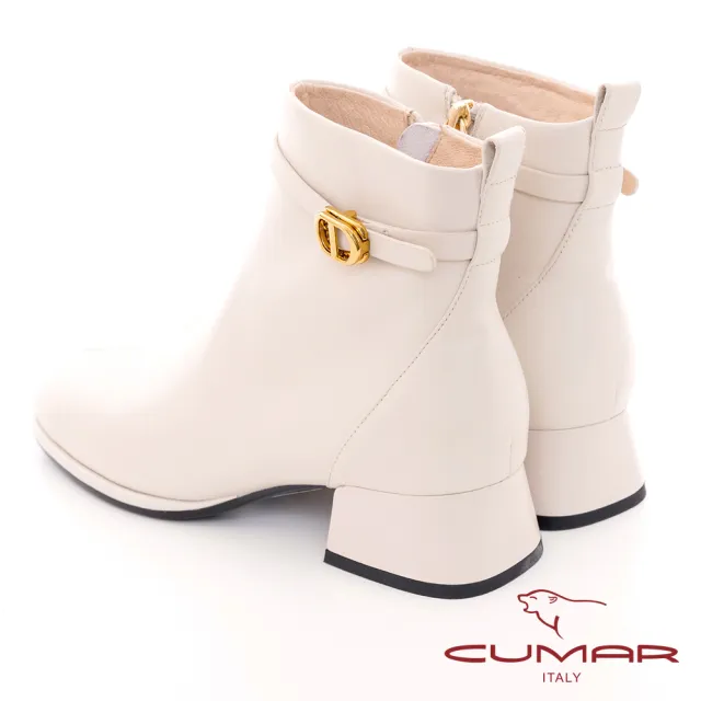 【CUMAR】皮帶扣環粗跟短靴(米白色)