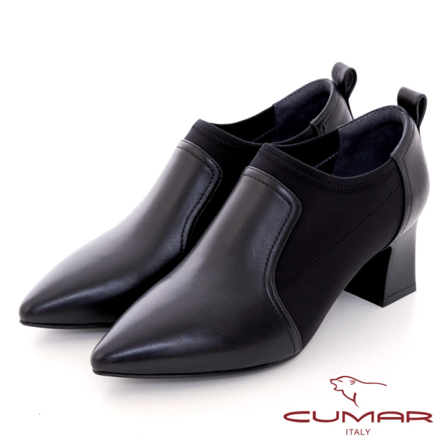 CUMARCUMAR 尖頭彈力布拼接深口粗跟鞋(黑色)