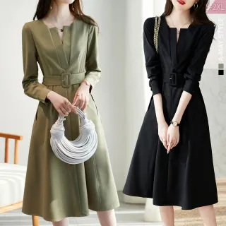 【Amay Style 艾美時尚】現貨 中大尺碼女裝 洋裝 簡約V領修身顯瘦連身洋裝。S-2XL(2色)