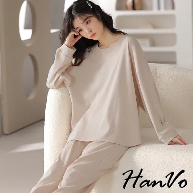 【HanVo】現貨 華夫格圓領長袖長褲居家睡衣(親膚寬鬆柔軟舒適休閒套裝 日常居家服 女生衣著 A08-5975)