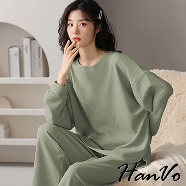 【HanVo】現貨 華夫格圓領長袖長褲居家睡衣(親膚寬鬆柔軟舒適休閒套裝 日常居家服 女生衣著 A08-5975)