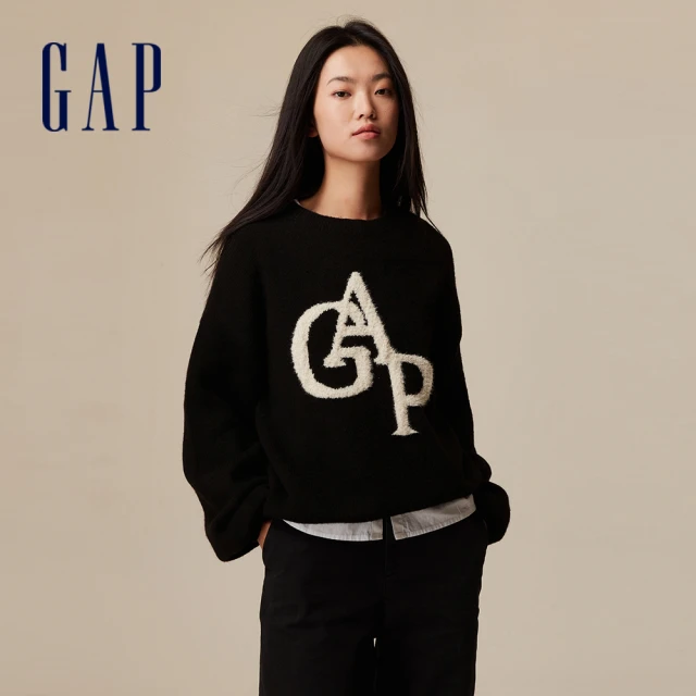 GAP 女裝 Logo/小熊印花圓領針織毛衣-黑色(714962)