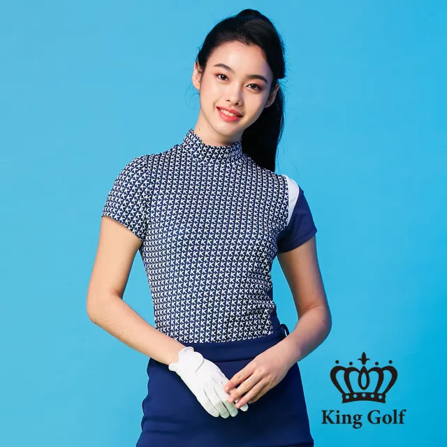 【KING GOLF】滿版印花拼接袖口立領短袖上衣(藍色)