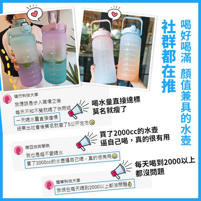 【Her】買1送1 2000ml 大容量漸層彈蓋水瓶 環保水壺 彈蓋磨砂隨身瓶(吸管水壺 運動水瓶)