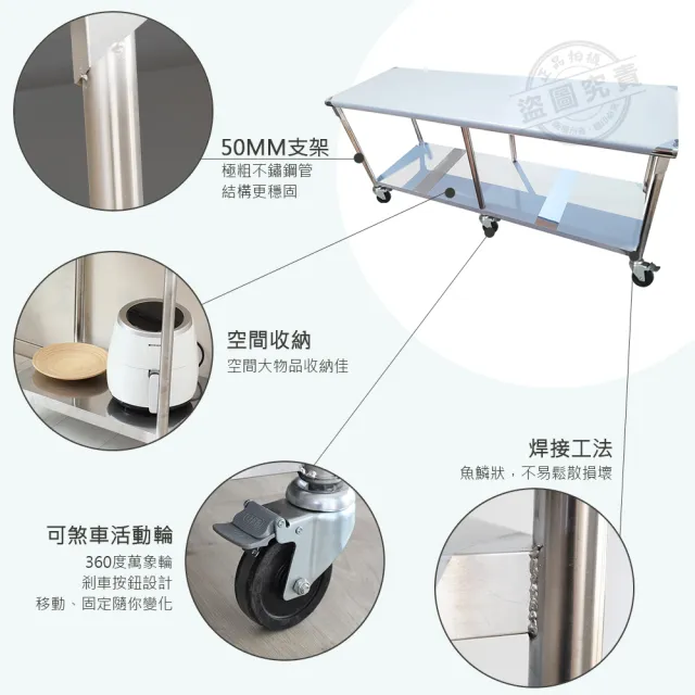 【Abis】客製商品-豪華升級版60X180CM二層圓角430不鏽鋼桌-附煞車輪/料理桌/工作台/流理台(2尺x6尺)
