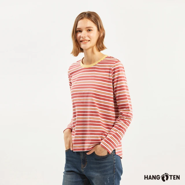 Hang Ten 女裝-厚磅條紋長袖T恤(深紅)