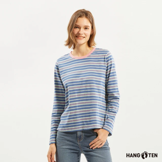 Hang Ten 女裝-厚磅條紋長袖T恤(藍)