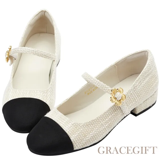 【Grace Gift】異材質拼接低跟瑪莉珍鞋