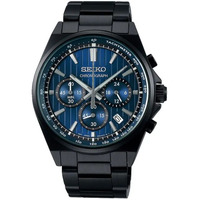 【SEIKO 精工】CS系列 條紋設計 三眼計時腕錶 41mm(SBTR035J/8T63-01T0U 黑X藍)
