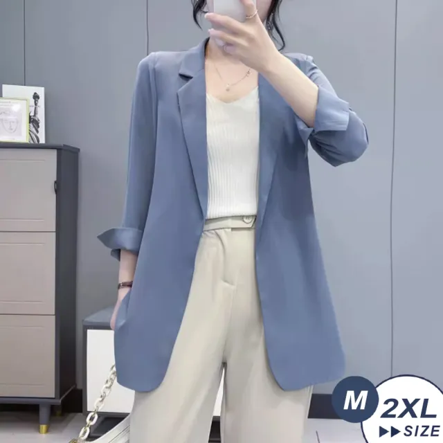 【LANNI 藍尼】現貨 氣質寬鬆七分袖雪紡西裝外套(翻領/長袖/春夏/韓版)
