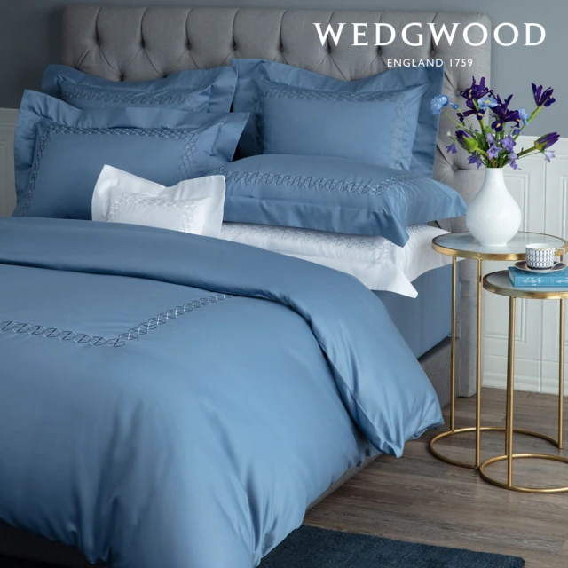 WEDGWOOD 600織長纖棉六角菱格刺繡 鬆緊床包-雋永系列 灰瓦藍(特大)
