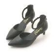 【amai】氣質編織麻花繞踝尖頭真皮跟鞋 中跟 細跟 婚鞋 新娘鞋 真皮 台灣製 大尺碼 J12-65BK(黑色)