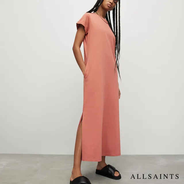 【ALLSAINTS】ANNA 休閒厚實純棉公羊頭骨T恤式長版連身裙洋裝-粉(常規版型)