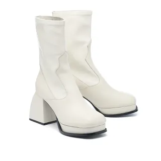 【MISS 21】復古時髦牛皮彈力純色胖胖大方頭高跟短靴(米白)