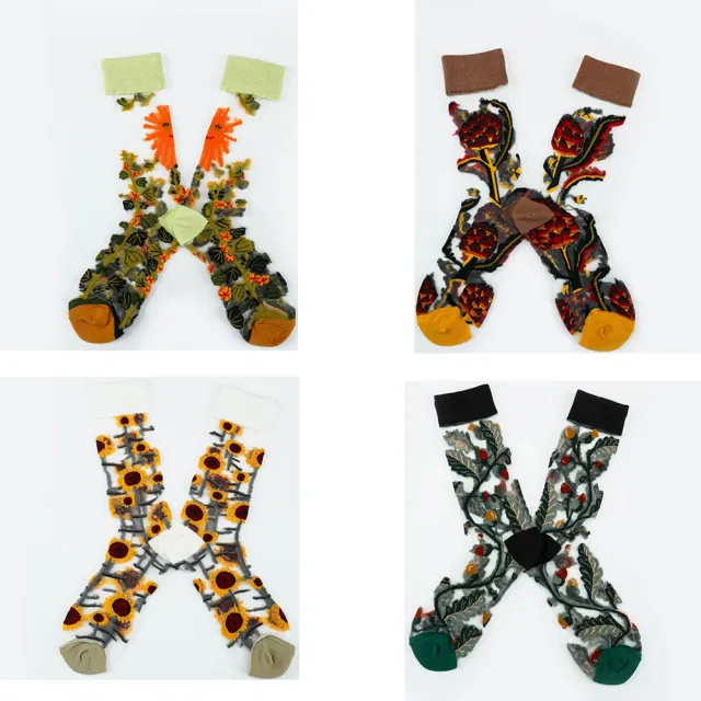 【OT SHOP】4雙 男女款日系大地風格刺繡透膚絲襪 中筒襪 M1078(法式風格 森林系 設計款 襪子)