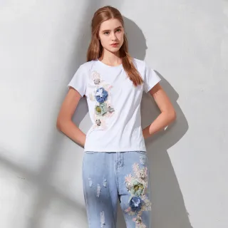 【GLORY21】品牌魅力款-etc.俏麗立體刺繡花朵上衣+丹寧褲(白色)