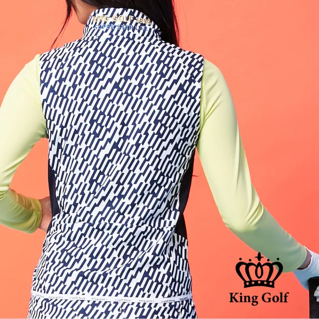 【KING GOLF】女款滿版幾何印花刺繡拼接無袖背心(藍色)