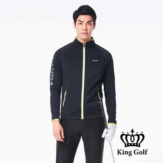 KING GOLF 男款LOGO印圖防風防水拉鍊撞色中厚款長袖夾克外套(黑色)