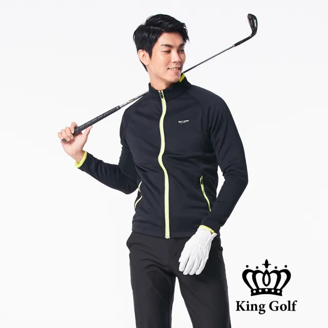 【KING GOLF】男款LOGO印圖防風防水拉鍊撞色中厚款長袖夾克外套(黑色)