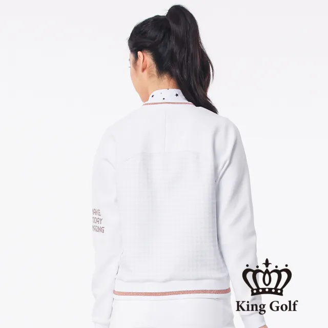 【KING GOLF】女款千鳥格壓拼接螺紋中厚款棒球外套(白色)