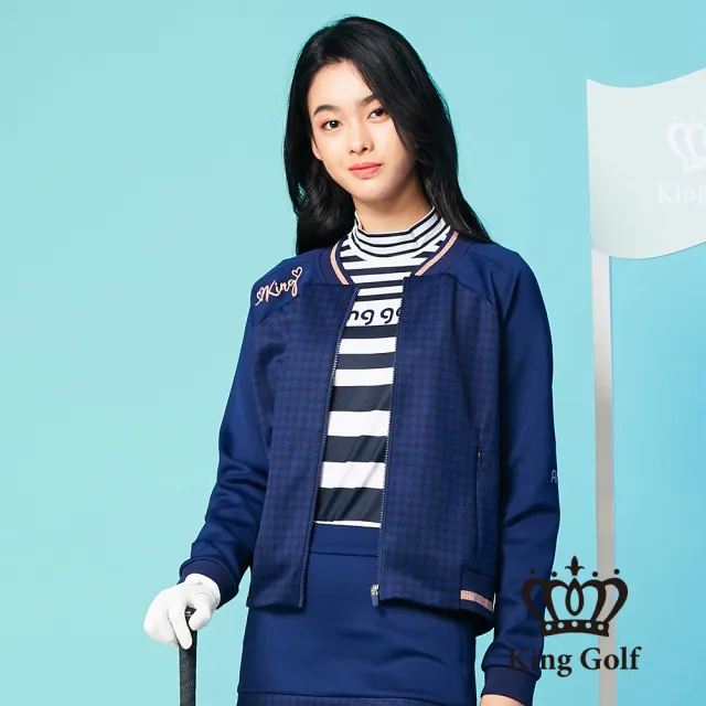 【KING GOLF】女款千鳥格壓拼接螺紋中厚款棒球外套(深藍)