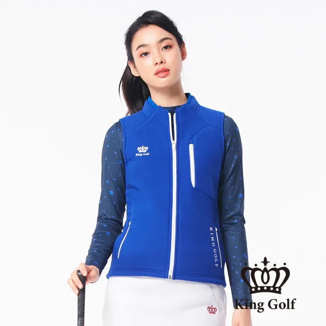 【KING GOLF】女款搖粒絨毛絨跳色拉鍊厚款無袖背心(藍色)