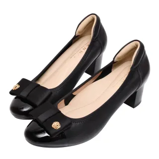 【Ann’S】高雅山茶花-方結牛皮軟漆皮粗跟圓頭包鞋5cm(黑)